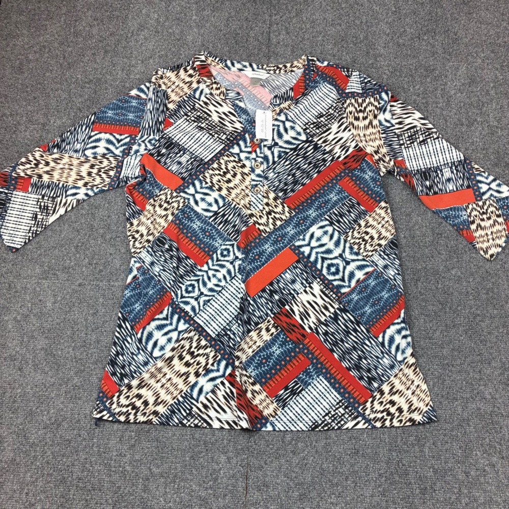 CJ Banks Womens X Red Blue Patchwork Ikat Animal Print Henley 3/4 Sleeve Top